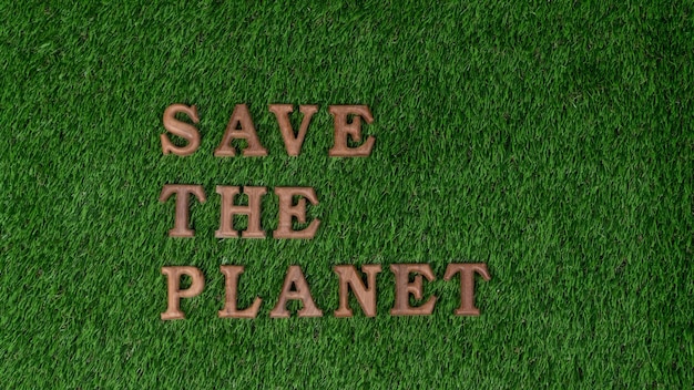 Photo eco awareness campaign for earth day concept showcase message arranged in save earth on biophilic green background environmental social governance concept idea for sustainable and greener futuregyre