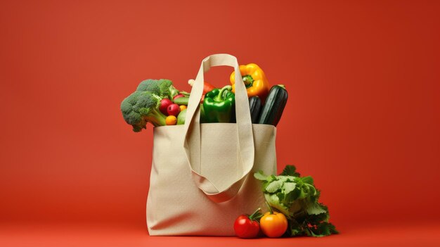Eco bag full of vegetables and greens on red background Created with Generative AI technology