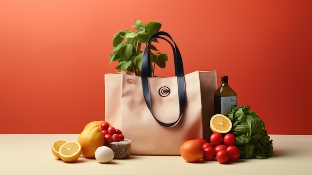 Eco bag full of vegetables and greens on red background Created with Generative AI technology