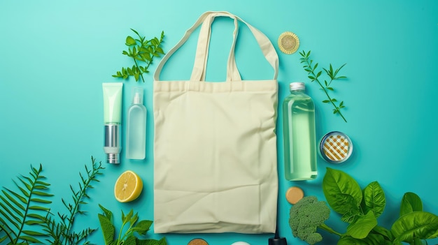 Eco bag with products on color background