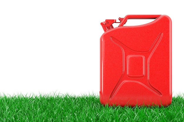 Eco-brandstofconcept. Red Metal Jerrycan in een groen gras op een witte achtergrond. 3D-rendering