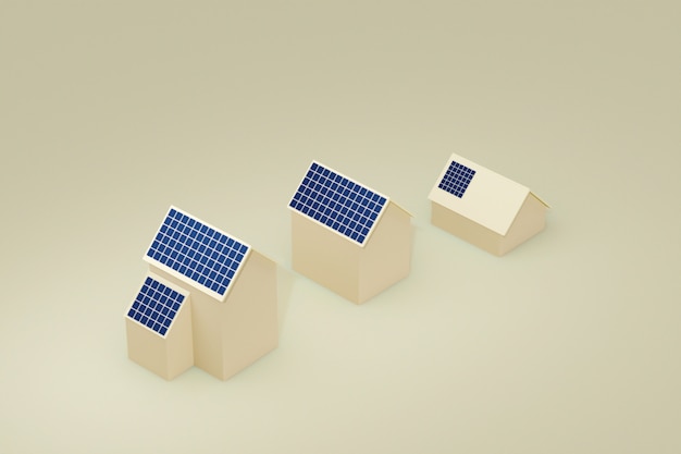 Eco Building House With Solar Cell Panel On The Roof , 3d ilustration.