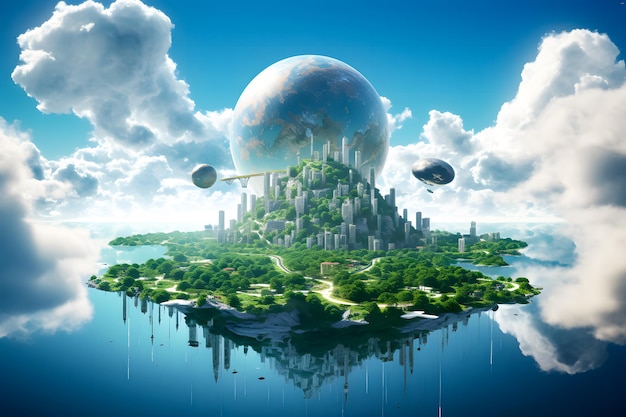 Eco city concept with island buildings on the clouds floating in air blue sky 3D rendering