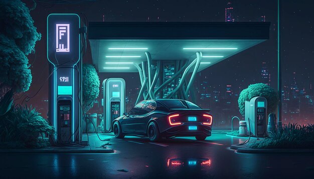 Eco concept Electric car charging at a gas stationGenerative AI