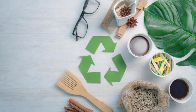 Eco-concept met recyclingsymbool op tafel achtergrond top viewwai gegenereerd