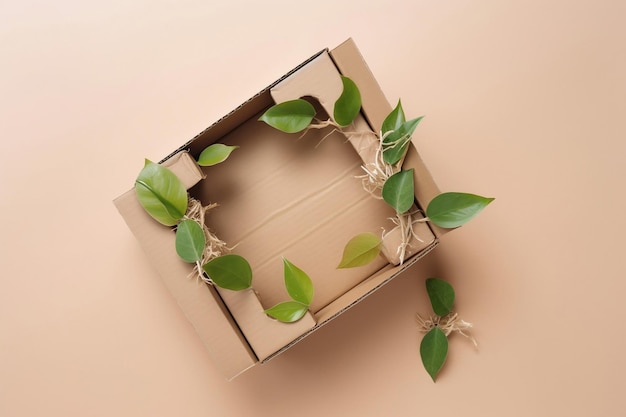 Eco concept with green leaves sprout growing in cardboard box from craft paper Eco zero waste plastic free and saving energy sustainable lifestyle renewable energy AI generated illustration