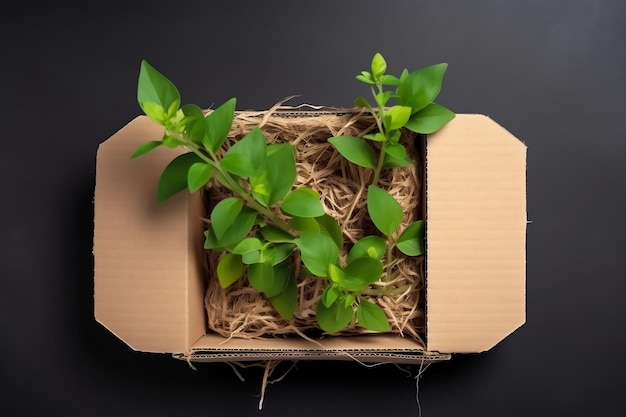 Эко-концепция с ростками зеленых листьев, растущими в картонной коробке из крафт-бумаги. Эко-ноль отходов без пластика и экономия энергии. Устойчивый образ жизни. Возобновляемая энергия. Иллюстрация, созданная AI.