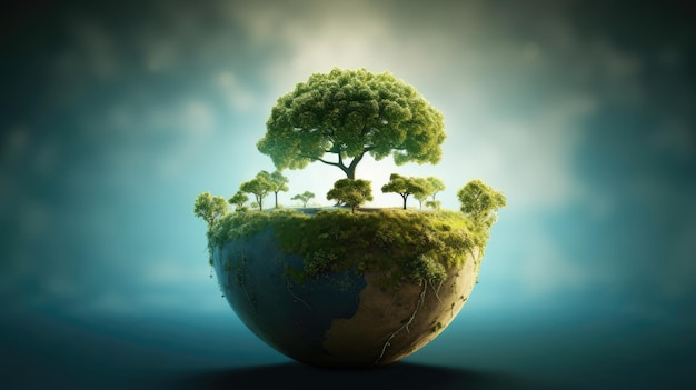 Eco concept with green planet and trees world ozone day