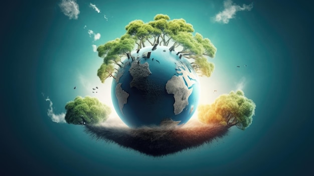 Eco concept with green planet and trees world ozone day