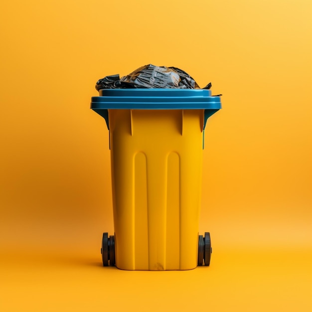 Photo eco conscious design garbage bin on yellow background promotes environmental awareness for social me