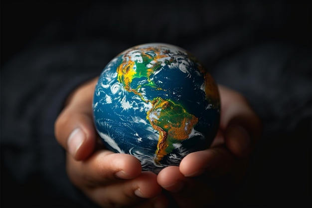 Eco conscious gesture hand holding globe Earth Day concept