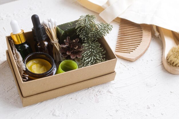 Eco cosmetic products for skin care of the face body in a natural paper box