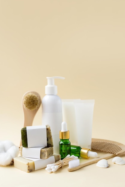 Eco cosmetic products for skin care of face and body White tubes with natural creams soap