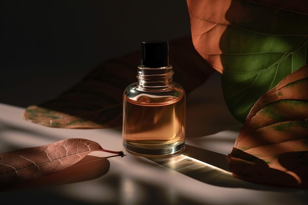 エコ化粧品のナチュラルビューティー製品コンセプト デイリーケア用の化粧品オイルのボトルと葉 生成AI