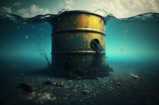 Eco crisis ecological problem environmental disaster concept Rusty barrel with oil leaking into the water ocean pollution Created by Generative AI