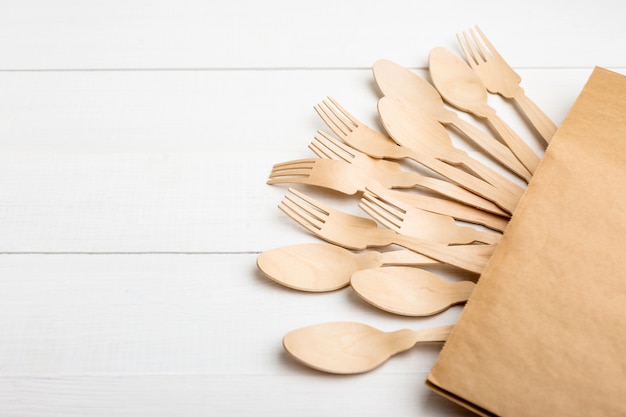 Eco dishes, forks and spoons made of wood