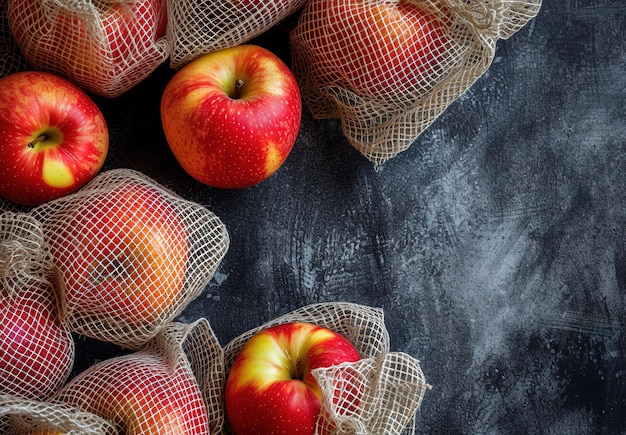 Photo eco display of fresh juicy red apples placed in an elegant gray textured fabric perfect for healthy