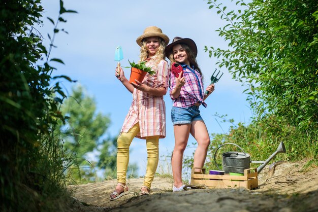 エコ農業のコンセプト 家族の農場に向かう途中 農業のコンセプト 植物を植える帽子をかぶった愛らしい女の子 農場で楽しむ子供の兄弟 ガーデニングツールを持つ女の子 農場で手伝う姉妹