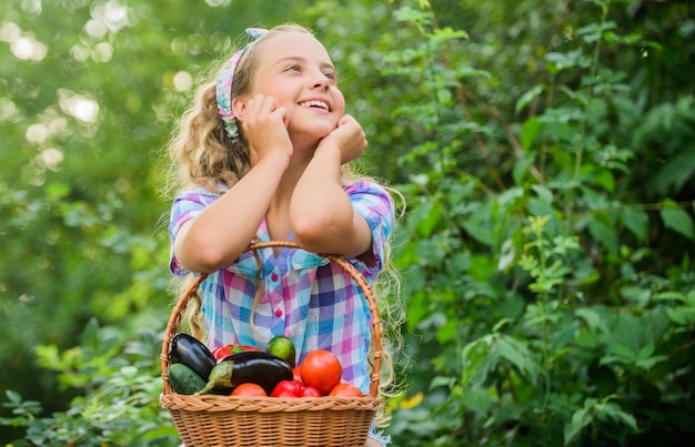 Eco farming Eat healthy Summer harvest concept Gmo free Healthy food concept Girl cute smiling child living healthy life Healthy lifestyle Kid hold basket with vegetables nature background