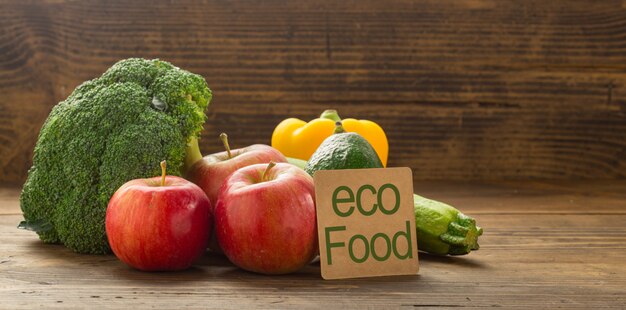 Eco food. Various vegetables and fruits on wooden table