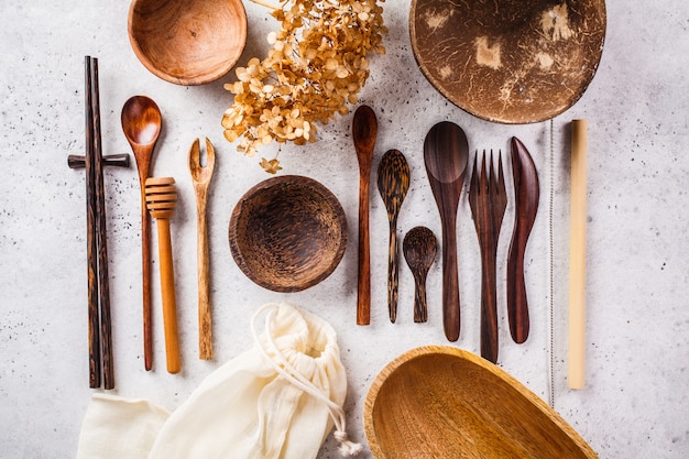 Eco friendly bamboo cutlery and dishes, zero waste concept. 