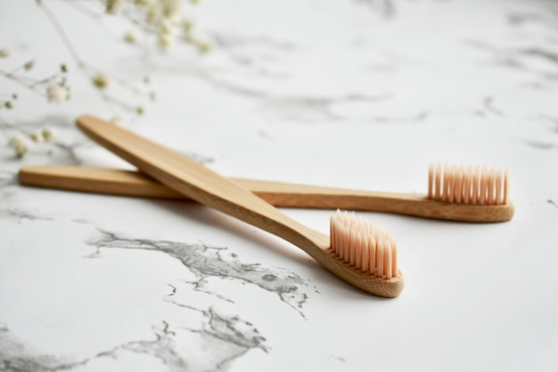 Eco-friendly bamboo tooth brush. Zero waste set. Flat lay. Top view. Copy space.