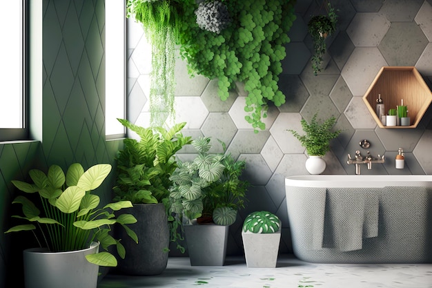 Eco friendly bathroom interior with grey green tiles and plants