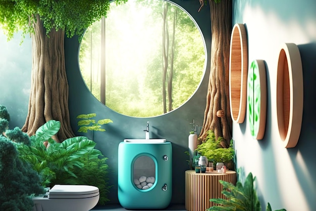 Bagno ecologico con materiali e detergenti ecologici sullo sfondo della foresta naturale