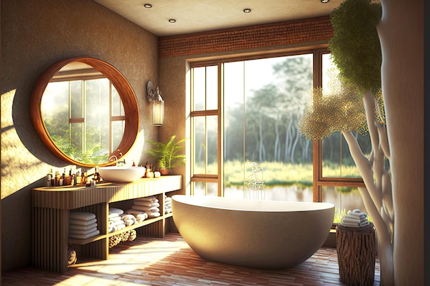 Eco friendly bathroom with large comfortable bathtub in warm tones