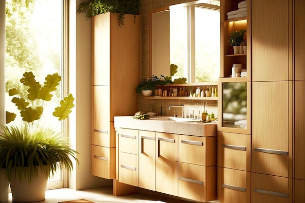 Eco friendly bathroom with light wooden cabinets and accessories made of natural materials