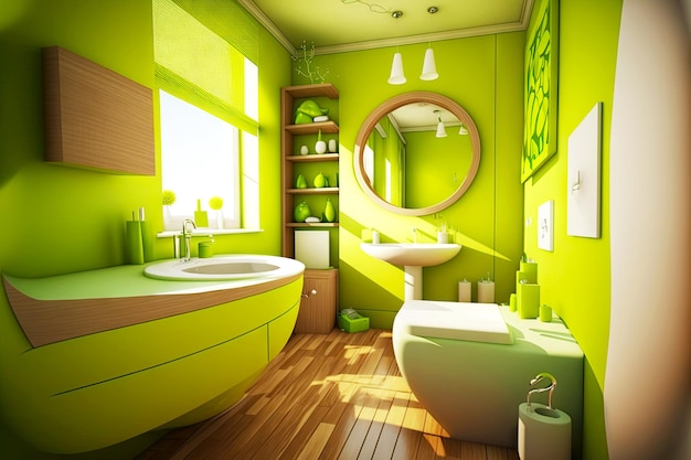 Eco friendly bathroom with wooden flooring and sink in citrus green color