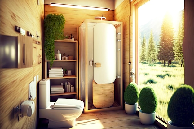写真 木製のトイレとシャワーキャビネットを備えた環境に優しいバスルーム