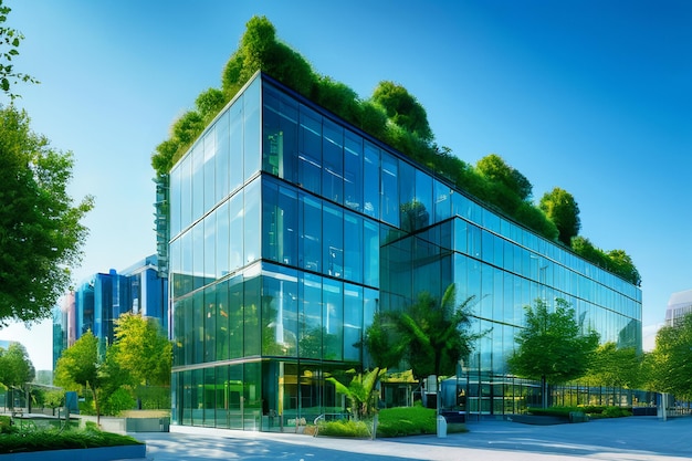 Eco friendly building in the modern city Sustainable glass office Corporate building with tree