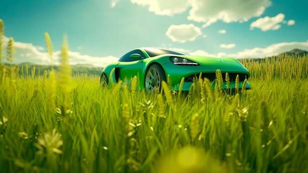 Eco friendly car development clear ecology driving no pollution and emission transportation concept green car icon on fresh spring meadow with blue sky in background Generative AI