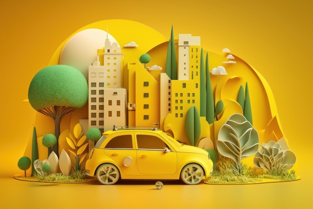 Eco friendly car with cityscape paper cut Renewable and sustainable energy concept Generative AI