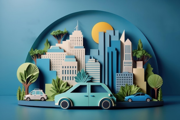 사진 도시 경관 종이 컷 스타일의 친환경 자동차 재생 가능하고 지속 가능한 에너지 generative ai