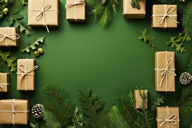 Eco friendly Christmas composition with reusable gift boxes and natural decor on green background Ze