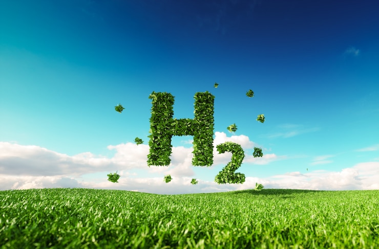 Photo eco friendly clean hydrogen energy concept. 3d rendering of hydrogen icon on fresh spring meadow with blue sky in background.