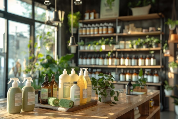 Photo eco friendly cleaning products in shop generative ai