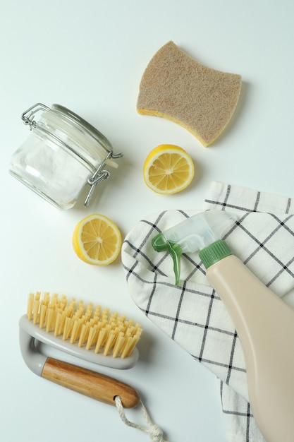 Eco friendly cleaning tools on white isolated background