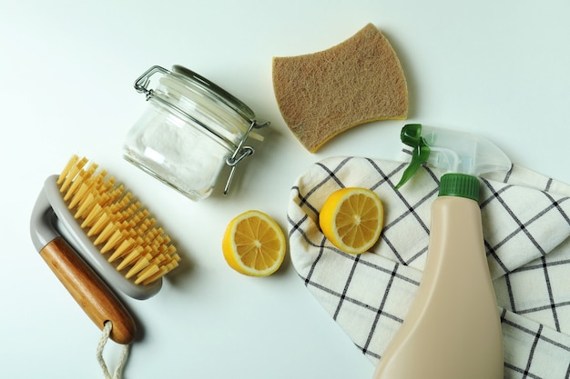 Eco friendly cleaning tools on white isolated background