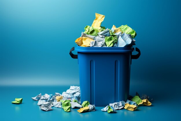 Eco friendly concept Blue bin holds crumpled paper for recycling