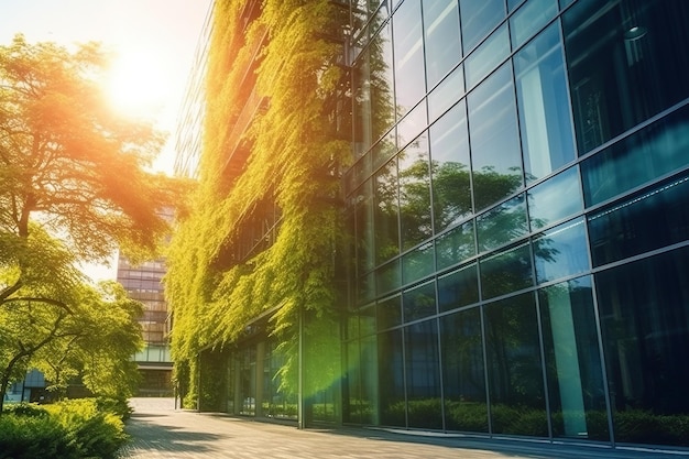 eco friendly construction in a contemporary metropolis A sustainable glass building with green tree branches and leaves for lowering heat and carbon dioxide