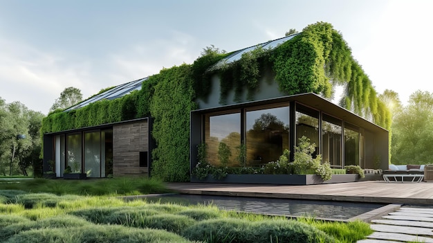 eco friendly contemporary house with vegetation growing over it for natural heating and cooling