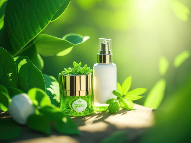 Eco friendly cosmetics decorated with green leaves ai generative