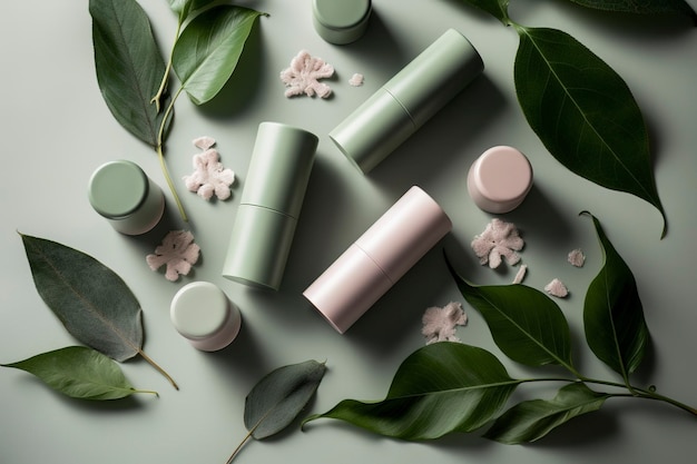 Eco friendly cosmetics decorated with green leaves organic facial skincare makeup and skin care cosmetic items AI generated image