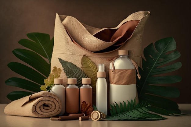 Photo eco friendly cotton reusable bag with various tubes and bottles made of brown glass and natural wood natural leaves that are new concept for waste free organic cosmetics