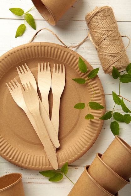 Eco friendly disposable dishes with green leaves on white background. Plastic free background.