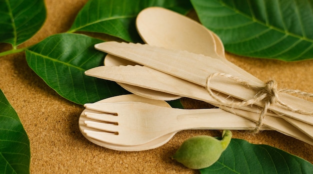 Eco-friendly disposable kitchen utensils lie on green leaves .Rejection of plastic.