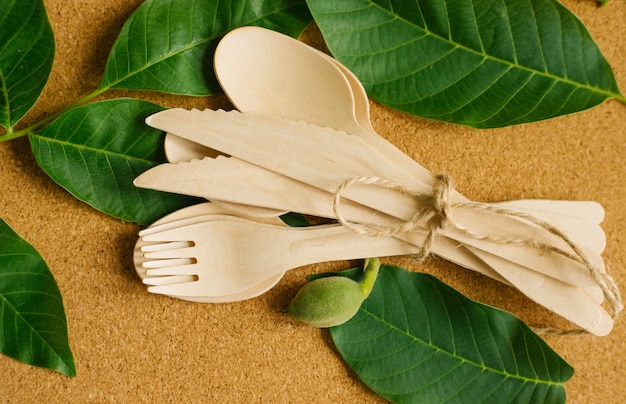 eco-friendly disposable kitchen utensils lie on green leaves .